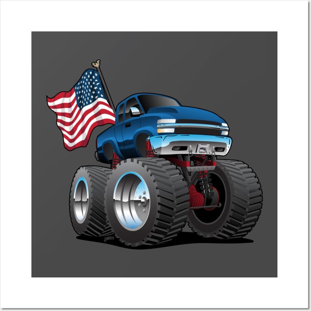 Monster Pickup Truck with USA Flag Cartoon Wall Art by hobrath